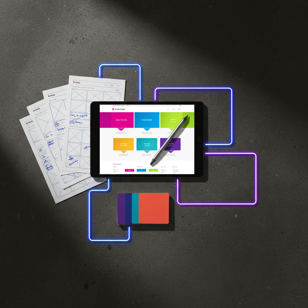 A strategic workspace with website wireframes, funnel maps and connected automation planning.